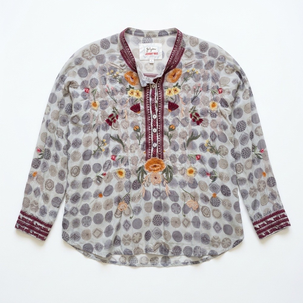 Biya Johnny Was Embroidered Floral Geometric Blouse Grey Orange Burgundy Medium